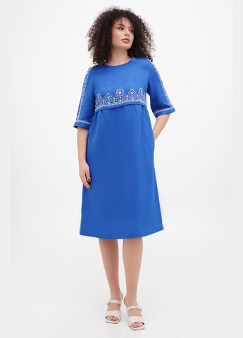 Синя вишита лляна сукня з квітковим геометричним орнаментом мірося великі розміри (plus size)., р., код 0409/60/1318 ГАЛЕРЕЯ ЛЬОНУ