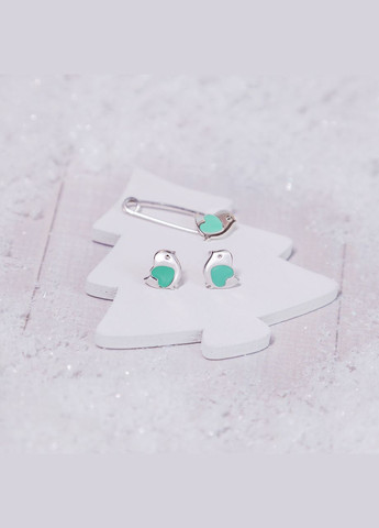 Комплект срібний Пташки із сердечком сережки та булавка з яскравою емаллю No Brand (362177099)