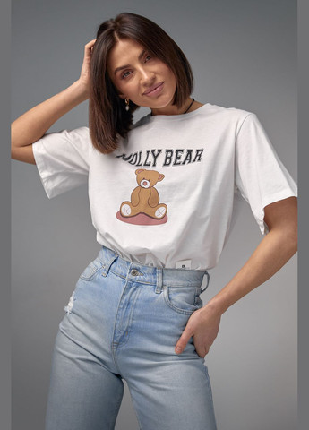 Молочная летняя хлопковая футболка с принтом медвежонка - молочный Lurex