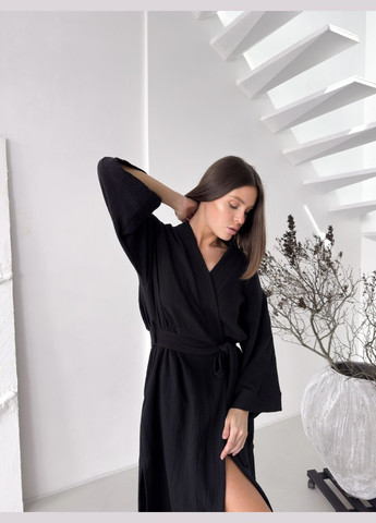 Халат женский длинный однотонный черный фактурный муслинт размер S/M, L/XL, 2XL/3XL Cosy (325881536)