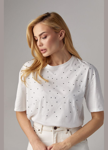 Молочна літня жіноча футболка з кольоровими термостразами. Lurex