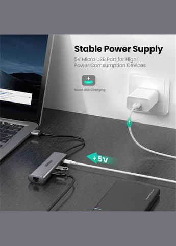 Докстанция USB A 3.0 --> USB 3.0x3/RJ45/Micro USB CM266 Серая Ugreen (315761309)