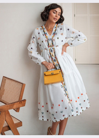 Белая белое платье с вышивкой и кулиской на талии Dressa узор однотонный (324389507)