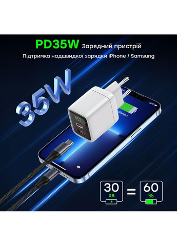 Сетевое зарядное устройство для PD6052 PD35W GAN A+C White (43-00128) CHOETECH (317463579)