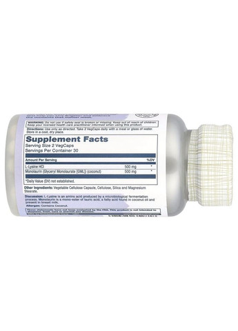 L-лізин та монолаурин L-Lysine Monolaurin, 60 вегакапсул для підтримки імунної системи Solaray (322721263)