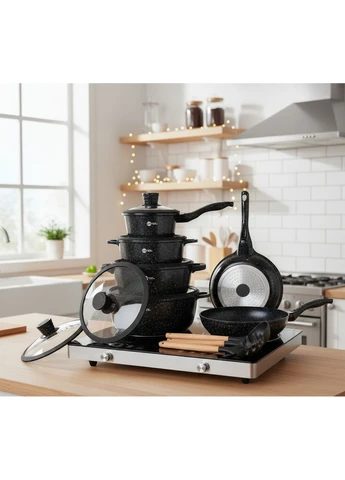 Набор гранитной посуды с силиконовыми крышками Kitchen 12 предметов (3л, 5л, 7л) + Сковорода и Ковш Higher (386510969)