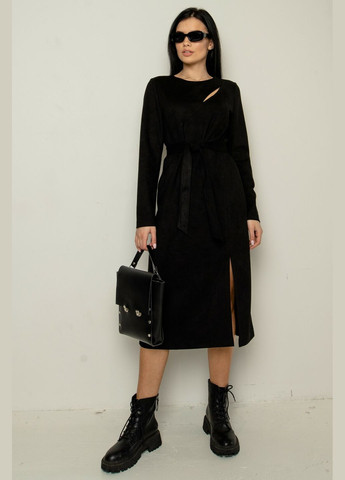 Черное повседневный трикотажное платье меди полуприлегающего силуэта с разрезом (вл 0822) RiMari