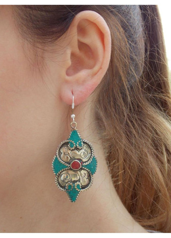 Непальські сережки етнічні з бірюзою і коралом в стилі бохо No Brand (366871688)