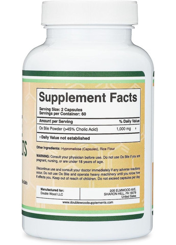 Жовчні кислоти Double Wood Ox Bile Acid Salts 1000 mg, 120capsules Double Wood Supplements (284120244)
