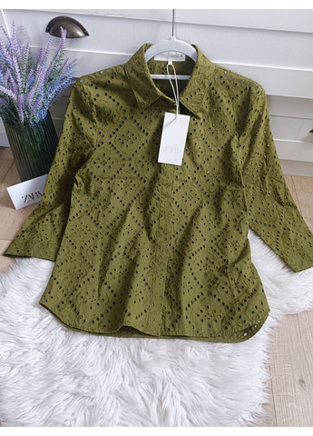 Хакі сорочка zw collection із прорізною вишивкою Zara