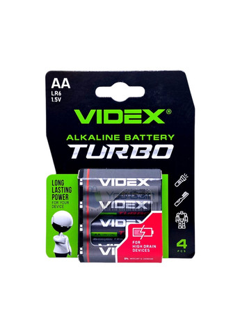 Батарейки щелочные для мощных устройств Alkaline LR6/AA Turbo блистер 4 штуки Videx (361067278)