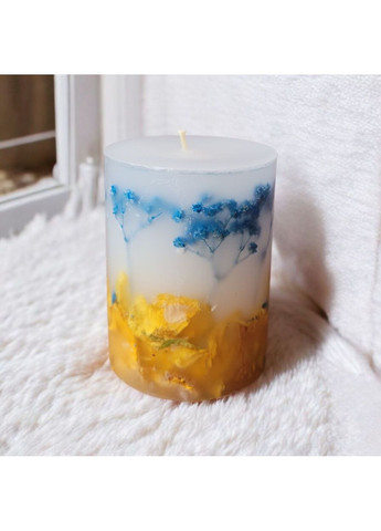 Свічка ручної роботи декоративна свічка ароматизована з гілочками блакитної гіпсофіли та жовтої троянди 35 годин горіння Handmade Studio - AV (371797802)