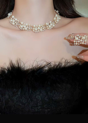 Набір біжутерії комплект кольє та сережки зі штучними перлинами та камінцями Fashion Jewelry (334305391)