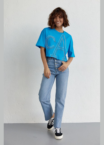 Синя літня укорочена жіноча футболка з вишитими літерами Lurex