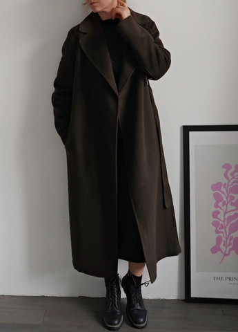 Оливковое (хаки) Пальто ручной работы с поясом двубортное Mango