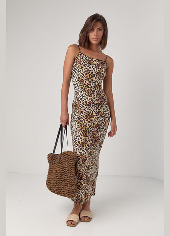 Коричневое повседневный леопардовый сарафан на бретелях-резинках коричневый цвет s с открытыми плечами No Brand леопардовый