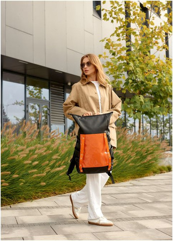 Рюкзак жіночий для подорожей з екошкіри з відділенням для ноутбука RollTop Hacking Чорно-жовтогарячий Sambag (301871831)