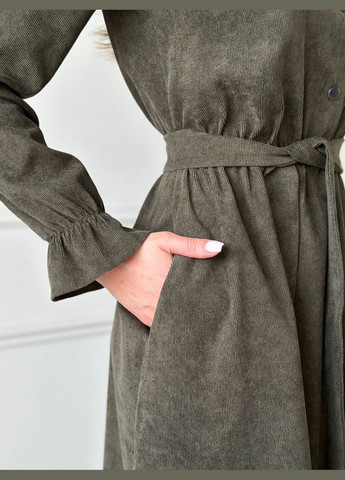 Серое платье миди с поясом и карманами No Brand