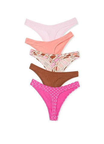 Набір трусиків 5-Pack Logo Cotton High-Leg Thong XS комбіновані Victoria's Secret (370143946)