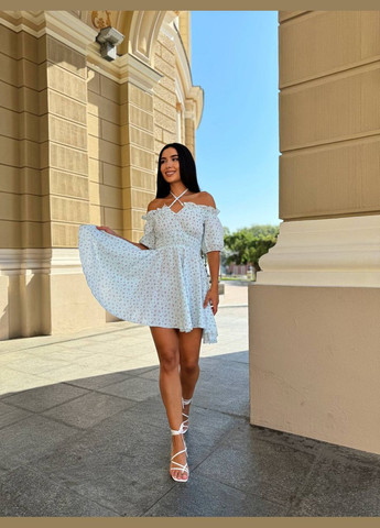 Світло-блакитна повсякденний, пляжна, кежуал жіноча сукня кльош FINO Mode з квітковим принтом