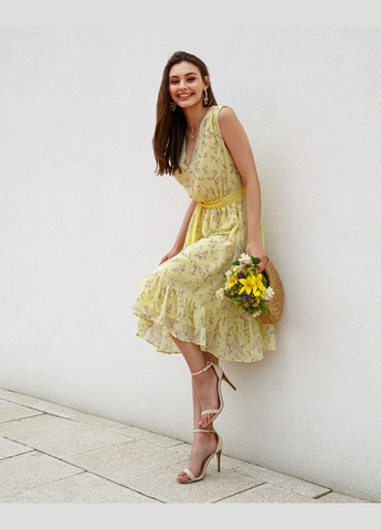 Желтое коктейльное платье из шифона жёлтое InRed с цветочным принтом