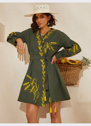 Зеленое зелёное платье-вышиванка с поясом Dressa