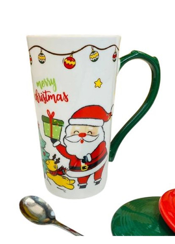 Новогодняя кружка 102-1088 керамика с крышкой и ложкой Биг-санта 380 мл Зеленый Olens (363831121)