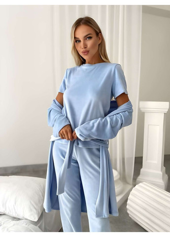Блакитна зимня жіноча велюрова домашня піжама піжамний комплект трійка зі штанами лавандовий бузковий Україна