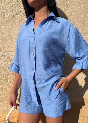 Вишуканий легкий літній повсякденний костюм двійка: сорочка з рюшами + шорти Allthings (344448305)