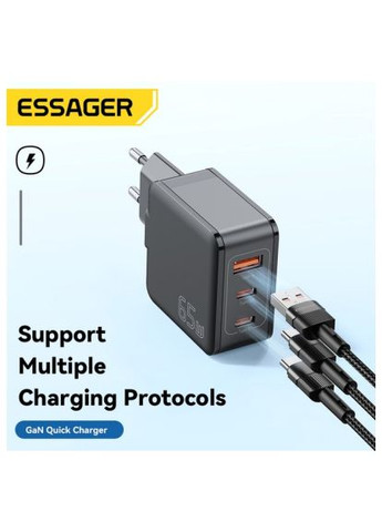 Зарядний пристрій (ECT2CA-JZB01-Z) Essager 2xUSB-C + 1xUSB 65W GaN black (369879696)