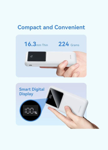 УМБ 10000mAh 22.5W 3A PD, QC3.0, Micro-USB, USB-C, 2xUSB-A, LED Display, White Vention (322131746)
