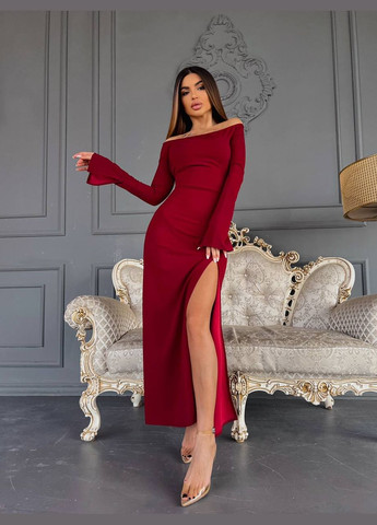 Бордовое бордовое лёгкое платье-миди с длинным рукавом и разрезом от бедра, элегантное и стильное, для особых и ярких образов No Brand однотонное