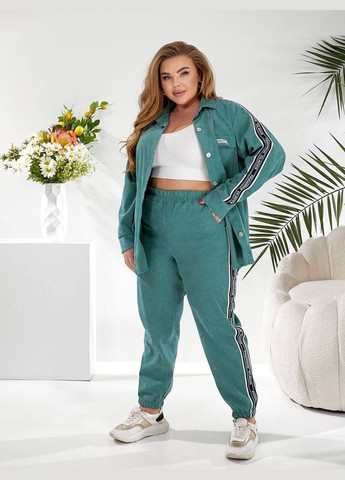 Женский вельветовый спортивный костюм батал на пуговицах зеленый повседневный комфортный для большого размера Bonita Спортивний костюм (322994603)