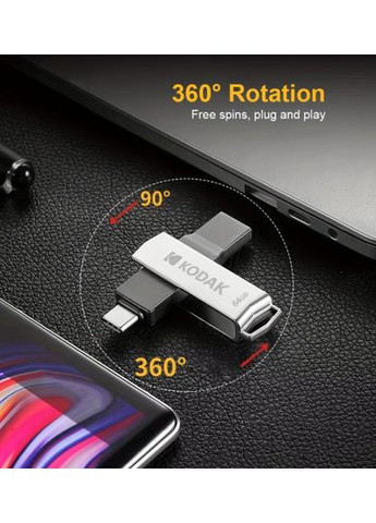 Флешка 64 ГБ з USB 3.2 та Type-C для швидкої передачі даних Сірий Kodak (363831122)