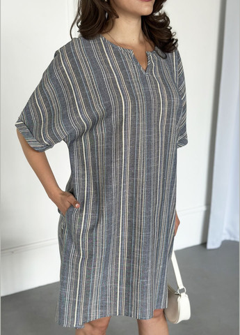 Темно-серое коктейльное, повседневный, джинсовое, пляжное, кэжуал удобное oversize платье на каждый день INNOE в полоску
