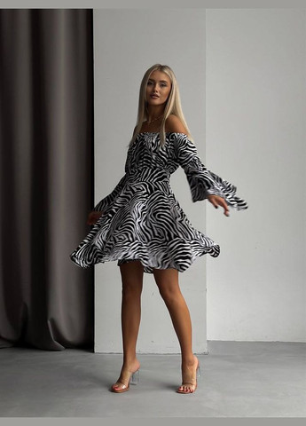 Черно-белое красивое вечернее платье в принте "зебра" из качественного софта, летнее платье с открытм декольте и рукавом No Brand