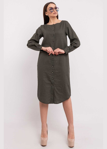 Оливкова (хакі) повсякденний лляна сукня-сорочка прямого силуету з поясом на кільцях (пл 0820) RiMari
