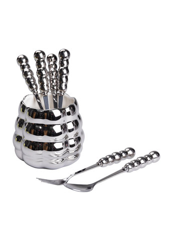 Набор десертных вилок и ложек с фарфоровой подставкой, серебристый Yiwu (361678287)