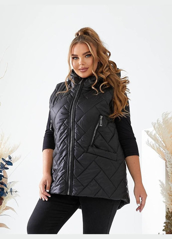 Женская чёрная жилетка батал для больших размеров, тёплая, с капюшоном, средней длины, на молнии Viki Жилет (316035139)