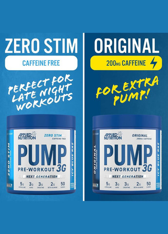 Передтренувальний комплекс Pump Pre Workout 3g Zero Stim 375 g (ICY Blue Raz) Applied Nutrition (295905311)