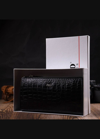 Місткий чоловічий клатч із натуральної шкіри з тисненням під крокодила 22049 Чорний Bond (298566627)
