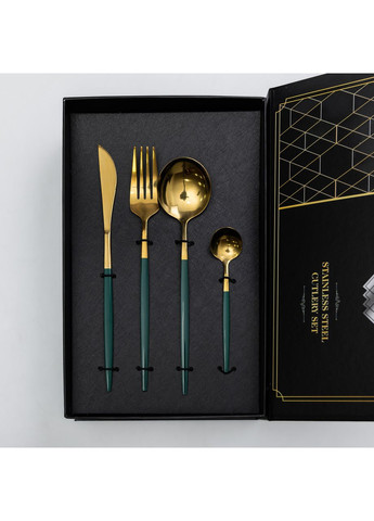 Набір столових приборів 24 предмети столовий набір на 6 персон Золотистий з зеленим Yiwu (362455969)