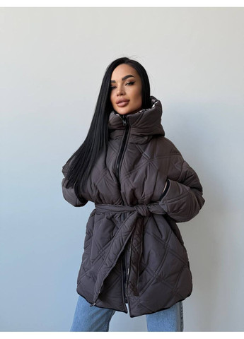 Темно-коричнева зимня курточка з паском зимова двостороння,з капюшоном,плащівка еммі,250 силікон Україна