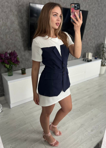 Темно-синя повсякденний вишукана легка літня повсякденна міні сукня з імітацією корсета та короткими рукавами з корсетом Tik-Tak колор блок