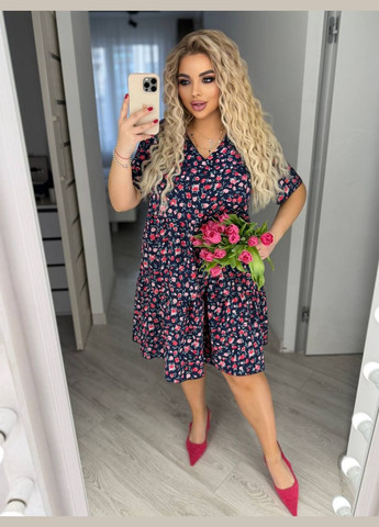 Синя повсякденний жіноча сукня міді вільного крою з коротким рукавом MonCher з квітковим принтом