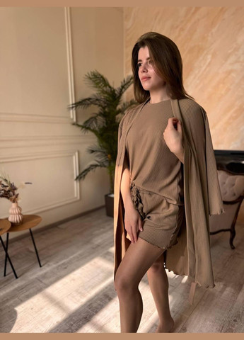 Комбінована всесезон жіноча піжама рубчик капучіно трикотаж к4000-1 (к4000-1) No Brand