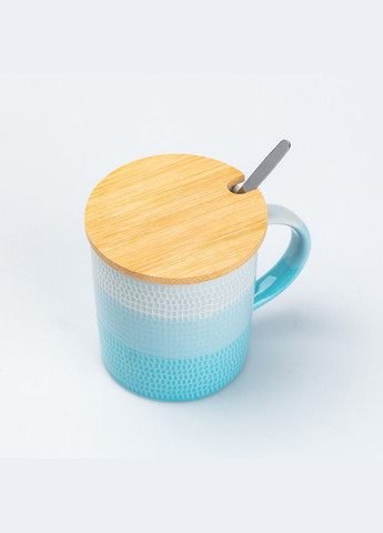 Чашка з бамбуковою кришкою та ложкою керамічна 350 мл Блакитна TS Kitchen (315636465)