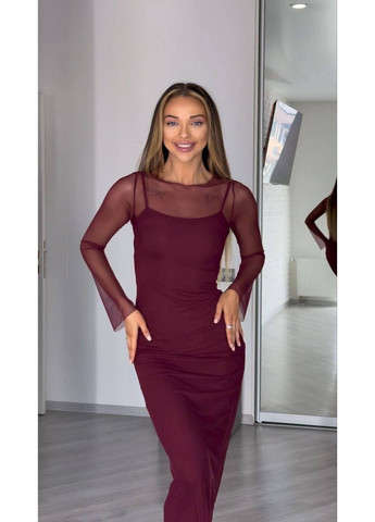 Бордовое праздничный, повседневный, коктейльное, вечернее платье стрейч подчеркивает силуэт с сеткой Nositi