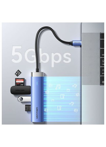 Концентратор USB 3.1 Type-C to HDMI/USB 3.0x3/PD 100W Blue Aluminum Alloy Hub 5-in-1 (TGESB) Vention USB 3.1 Type-C to HDMI/USB 3.0x3/PD 100W Blue Alum (366664024)