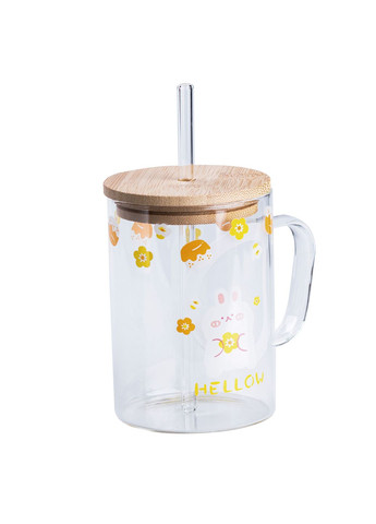 Чашка стеклянная детская 500 мл с принтом и бамбуковой крышкой, Happy Life (323641437)